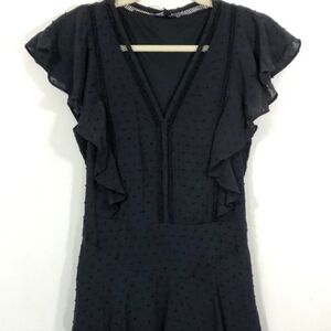 Express Flutter Sleeve V-Neck Black Swiss Dot Fit & Flare Mini Dress, Size XS